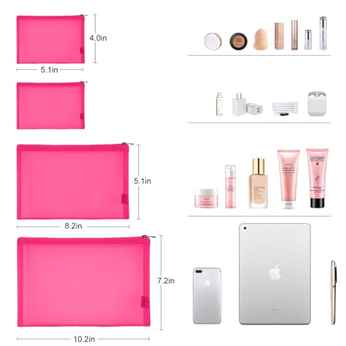 EASYFUN Mesh Pouch, Make up Bag with Zipper Cosmetic Organizer Pouch for Daily or Travel to Keep Small Items, 4 PCS Rose red - color: Rose red