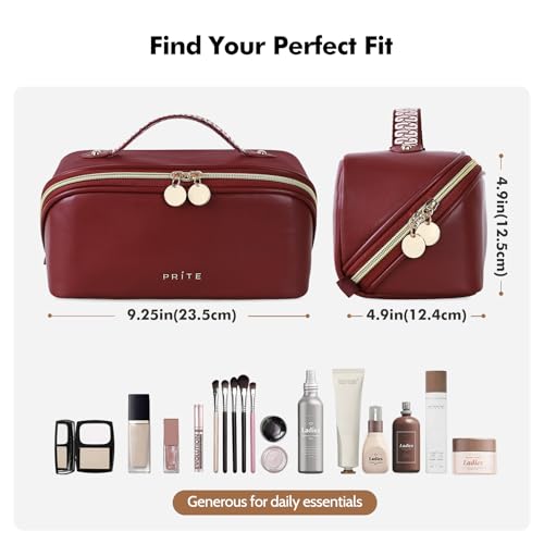 Prite Makeup Bag for Women Travel Waterproof Vegan Leather Cosmetic Bag Open Flat Toiletry Bag With Clear Divider and Handle (Dark Red, Medium) - color: Dark Red, size: Medium