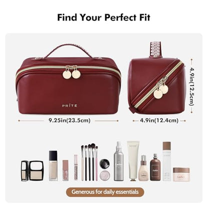 Prite Makeup Bag for Women Travel Waterproof Vegan Leather Cosmetic Bag Open Flat Toiletry Bag With Clear Divider and Handle (Dark Red, Medium) - color: Dark Red, size: Medium