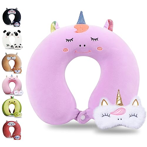 Sexysamba Cartoon Headrest & Neck Pillow for Kids Boys & Girls, Teens, Travel Accessories for Airplane, Car, Recline, Memory Foam Cute Travel Pillow with Sleep Eye Mask - Purple Unicorn - color: Purple Unicorn