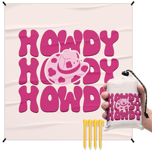Pink Cowgirl Howdy Pocket Picnic Blankets, Preppy Western Mini Beach Camping Blanket Waterproof Sandproof, Trendy RV Outdoor Blanket Mat Gifts for Cowgirls Camper Campsite Dorm Travel 55x60in - color: Howdy