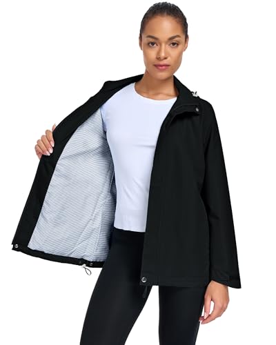 Hount Womens Waterproof Raincoat Lightweight Packable Striped Lined Rain Jacket Casual Travel Outdoor Hooded Jakctes - color: Black, size: Medium
