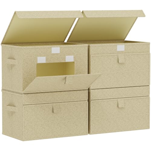 Fabric Storage Boxes, Closet Organizer with Handles, Basket Bins with Flip Cover, Cube Organization for Clothes, Shoes, Blankets, 15x9.8x9.8in, Grey and Beige, 4 Pack - color: Beige/Gray, size: 15x9.8x9.8 in(4 Pack)