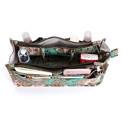 BTSKY New Printing Handbag Organizers Inside Purse Insert-High Capacity 13 Pockets Bag Tote Organizer with Handle Peacock Flower - color: Green+Brown