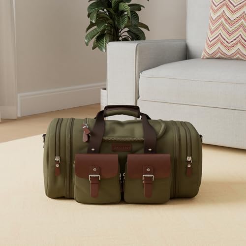 Wildroad 50L Travel Duffel Bag, Expandable Canvas Genuine Leather Duffle Bag Upgraded Overnight Weekender Carry on Bag - color: Army Green, size: Large-50L Duffle Bag