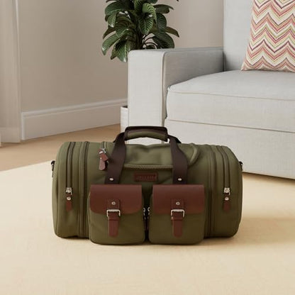 Wildroad 50L Travel Duffel Bag, Expandable Canvas Genuine Leather Duffle Bag Upgraded Overnight Weekender Carry on Bag - color: Army Green, size: Large-50L Duffle Bag