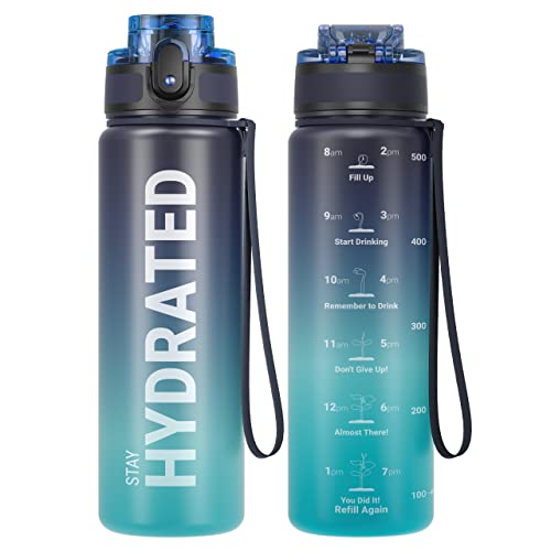 Sahara Sailor Water Bottle, 32/25/17oz Durable and Leakproof Water Bottles Motivational with Time Marker, Tritan, BPA Free, Wide Mouth with Easy Clean Brush for Gym, Travel, School, Office (1 Bottle) - color: Deep Sea, size: 16.9 Ounces