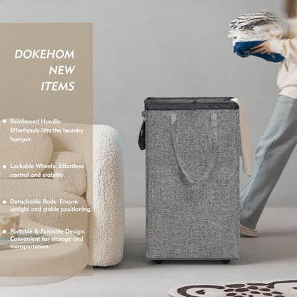 DOKEHOM 90L X-Large Laundry Basket with Removable Wash Bag on Wheels, Collapsible Rolling Laundry Hamper, Foldable Clothes Organizer, Folding Washing Bin (Linen Grey) - color: Linen Grey, size: X-Large Pro 29"