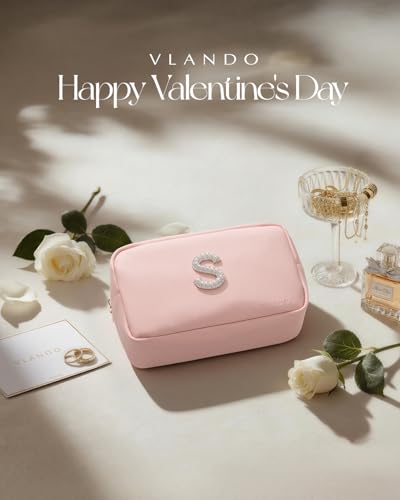 VLANDO Bridesmaid Proposal Gifts Travel Makeup Bag Organzier Personalized Gifts for Women, Teen Girl Gifts Trendy Stuff, Teenage Girl Gifts, Initial Cosmetic Bag Letter S - color: 03-Pink-S