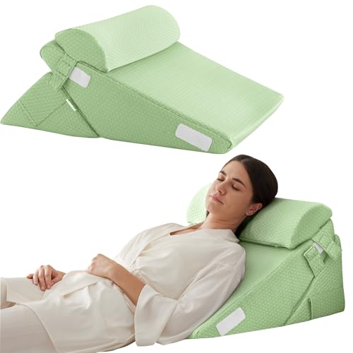 Bedluxe 3Pcs Orthopedic Bed Wedge Pillow Set, Foam Wedge Pillow Post Surgery for Back, Leg and Knee Support, Adjustable 9&12 Inch Folding Triangle Pillow for Sleeping, Acid Reflux, Snoring, Green - color: Green, size: Adjustable 9&12 Inch + 1 Head Pillow
