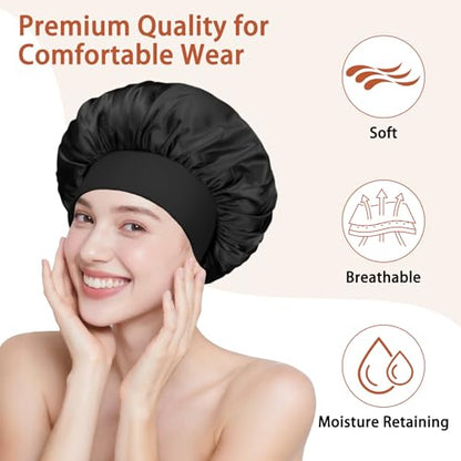 Satin Hair Bonnet Set for Sleeping, Hair Wrap Sleep Bonnets for Women Sleeping, Soft Bonnet for Long Hair, 4 PCS - color: Black