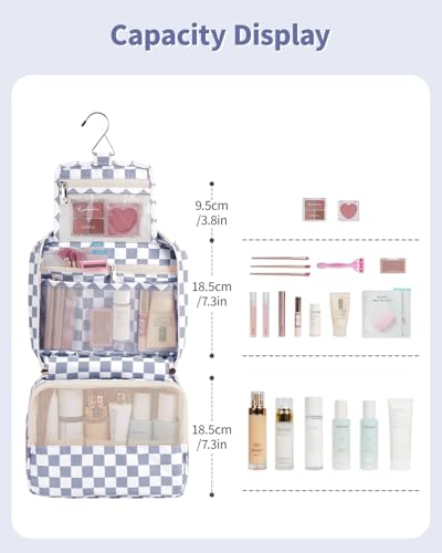 Narwey Small Hanging Travel Toiletry Bag for Women, Travel Bag for Toiletries, Makeup Bag Organizer Cosmetic Bags Make Up Bags for Girls - color: ZA-Grayish Blue Checkerboard