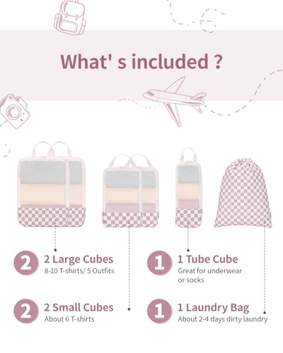 Narwey 6 Set Compression Packing Cubes for Travel Women Men, Travel Cubes for Carry On Suitcase, Durable Compression Luggage Organizer Bags - color: Z-Dusty Rose Checkerboard