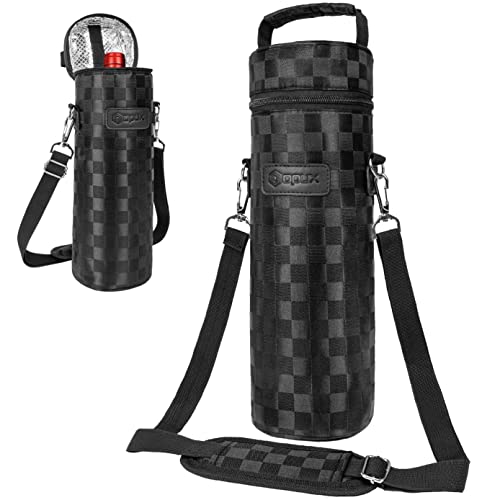 opux Wine Bag Single Bottle Carrier Tote, Insulated Wine Cooler Bag for Travel Picnic Beach with Shoulder Strap, Thermal One Bottle Holder Carrying Case Wine Gift for Women Men, Black Squares - color: Black Square