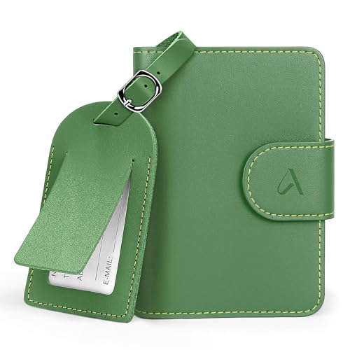 ALLIVE Rfid Passport Holder for Travel Women, Rfid Passport Cover Wallet, Genuine Leather Passport Holder for Travel with AirTag Hidden, Gift Set with Luggage Tag in Premium Gift Box (Avocado Green) - color: Avocado Green, style: Gift Box Set