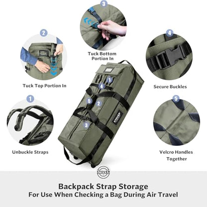 STOVER 45/80/100L Rolling Duffel Bag with Wheels, Large Durable Travel Duffle + Toiletry Bag, Heavy Duty, Packable, Foldable with Shoulder Straps- Use as Luggage or Backpack, Men/Women (Green) - color: Green