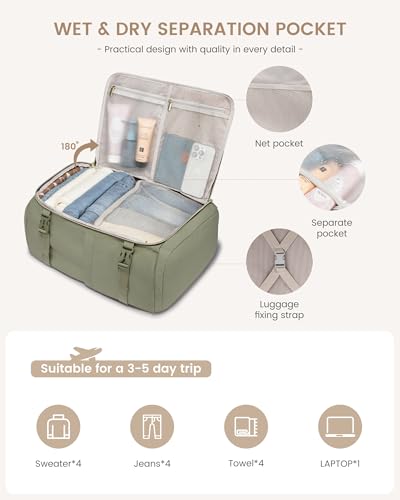 LOVEVOOK Large Travel Backpack for Women, 40L TSA Approved Backpack with 3 Packing Cubes, Personal Item Bag Fits 17" Laptop, Water-resistant Carry On Bag for Airplanes - color: Pea Green, size: 40L-4PCS