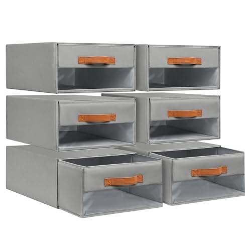 DIMJ Closet Organizers and Storage - Foldable Storage Bins with Drawers Pull-Out Stackable Storage Drawers with Clear Window,Fabric Clothes Organizers and Storage Drawers for Closet, 6-Pack, Grey - color: Grey, size: Large - 6 Pack