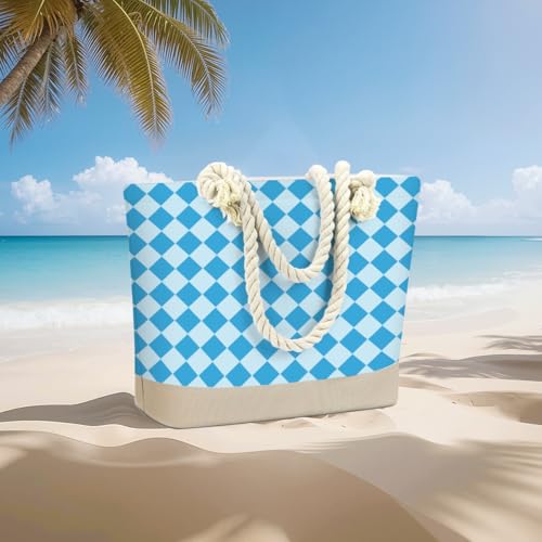 Fokongna Tote Bag For Women, Beach Bag Best Friend Travel Birthday Gifts, Travel Parties Vacation Shopping Essentials - color: Blue Diamond Check