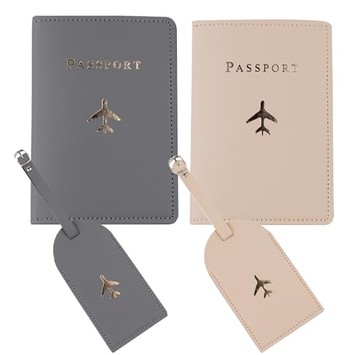 Travel Holder Set,Honeymoon Gift,Slim Passport Case Covers and Organizer Slots Couple Travel Luggage Tags,Wedding Bridal Shower GiftWallets Travel Holder Set,Couple Travel Luggage Tags - color: Gray and Khaki-airplane