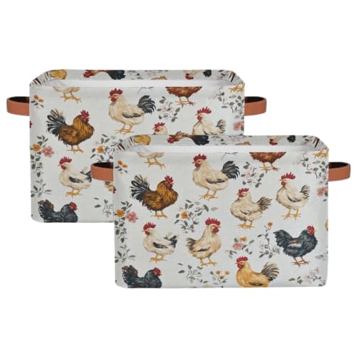 Chicken And Chicks Rectangular Storage Bin Collapsible Storage Basket Organizer Boxes with Leather Handle Storage Cube for Shelves Toy Laundry Nursery 2 PC - color: Chicken And Chicks, size: 2 Pcs