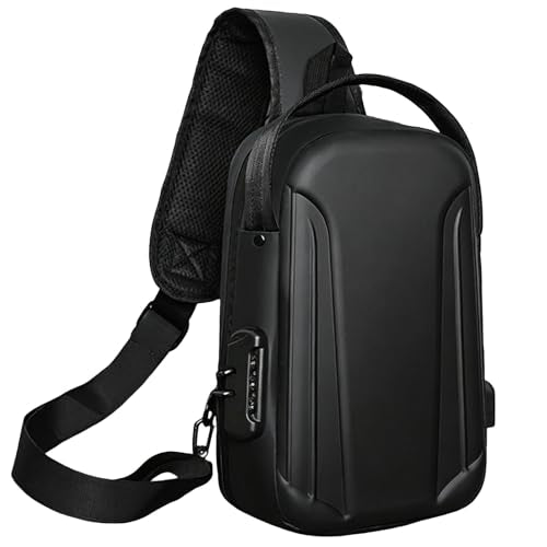 Anti-Theft Sling Crossbody Bag for Men Hard Shell Waterproof Chest Bag with USB Hole Combination Lock Shoulder Bag for Travel Work Motorcycle Fashion Style - color: Deep Black