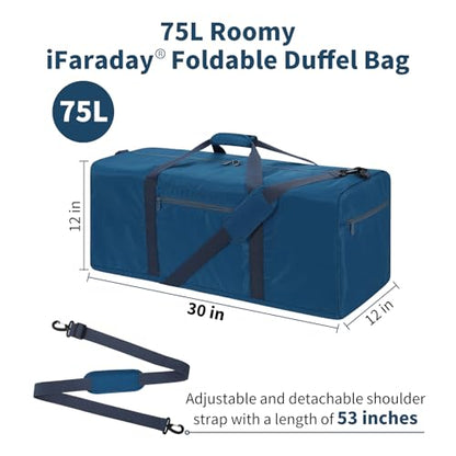 iFARADAY Foldable Duffle Bag 30 inch 75L Large Lightweight Luggage Bag for Travel Camping Storage-Blue - color: Blue-75L(with shoulder strap)