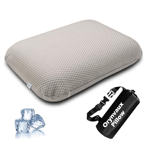 Cooling Camping Pillow, Memory Foam Travel Pillow with Adjustable Buckle Strap & Storage Bag, Compact Small Pillow for Airplane, Car Lumbar, Office, Washable Cooling Cover, Dusk Grey - color: Dusk Grey, size: L-17.5*11.8*4.3in