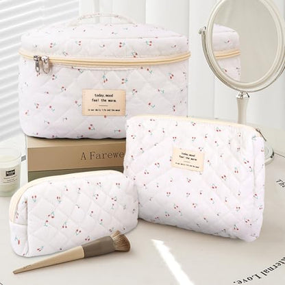 GISMTR 3Pcs Cotton Quilted Makeup Bag Large Travel Cosmetic Bag Coquette Makeup Pouch Cute Aesthetic Floral Toiletry Bag for Women Girls (cherry-B) - color: cherry-B