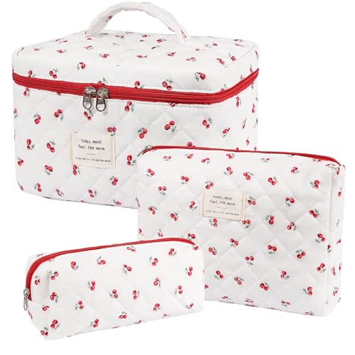 honitty Makeup Bag,Quilted Cosmetic Bags,Large Floral Make Up Organize bag,Makeup Bag Set for Women,Flower Travel Toiletry Bag - color: Cherry-2