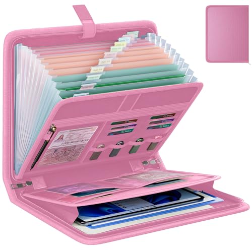 Fireproof Accordion File Organizer, Portable Expanding File Folder with Waterproof Zipper&Labels, Pink Document Organizer with 13 Pockets, File Organizer for Important Document/Paper Storage - color: Pink