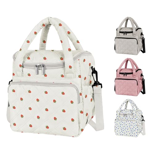 Women's Insulated Lunch Tote Bag - Inch Quilted Lunch Box for Women, Large Waterproof Cooler Bag with Pockets for Work, Picnic, Adult (strawberry) - color: Strawberry