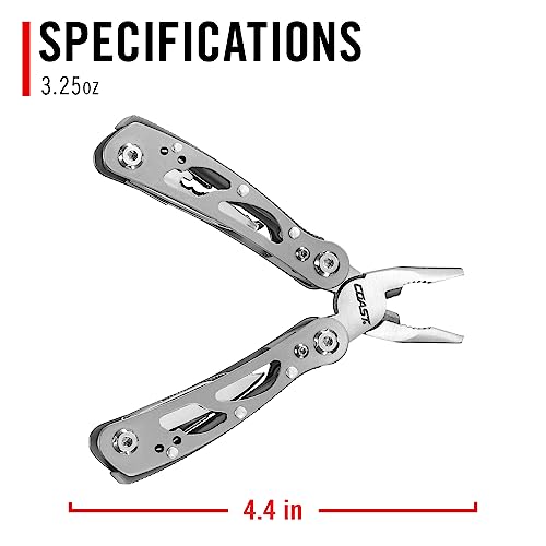 COAST CT211 11-in-1 Stainless Steel Multi-Tool, Multi-Plier, Wire Cutter, Serrated knife, Mini Knife, 3 Screwdrivers, File, Nail Cleaner, Leather Punch and Bottle Opener - EDC