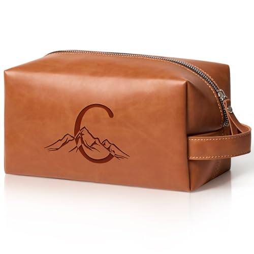 Personalized Gifts Travel Toiletry Bag for Men Engraved Initial PU Leather Waterproof Shaving Bag for Toiletries Accessories Fathers Day Birthday Gift for Men Dad Husband Son, Light Brown C - color: Light Brown, style: C