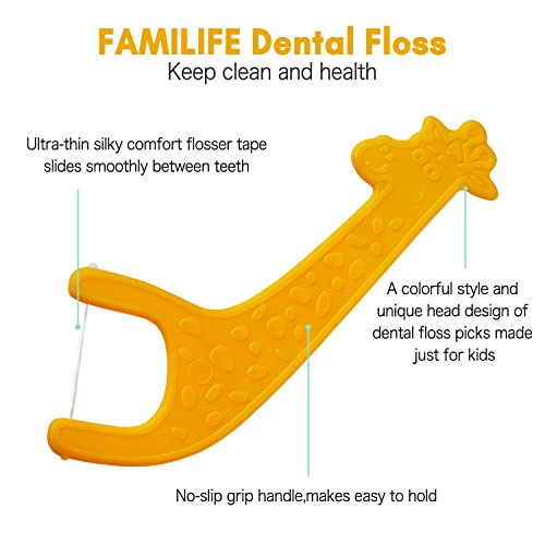 FAMILIFE Kid's Dental Floss Picks, Unflavored Tooth Pick Flossers Children with Portable Travel Cases Refills Pack, 204 Pcs - color: Giraffe 204 Pcs