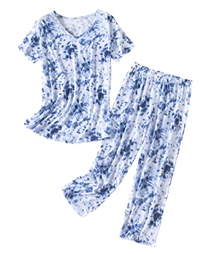 PNAEONG Women Pajama Set Sleepwear Tops with Capri Pants Casual and Fun Prints Pajama Sets - color: Blue Fireworks, size: Medium