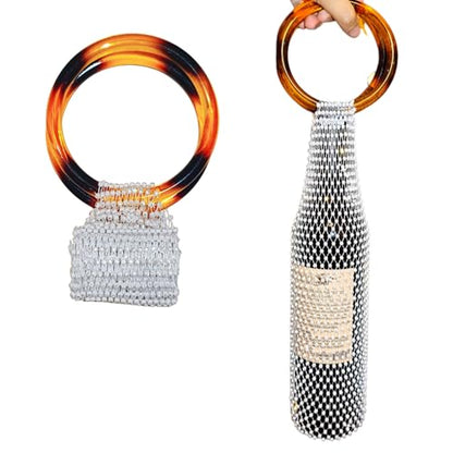 Munyee Hua Rhinestone Wine Bottle Holder Bag Reusable Tote Carrier Crystal Mesh Evening Purse with Ring Handle Gift Bags Carrier for Birthday Picnic Party Wedding (Brown Handle White Rhinestone) - color: Brown Handle White Rhinestone