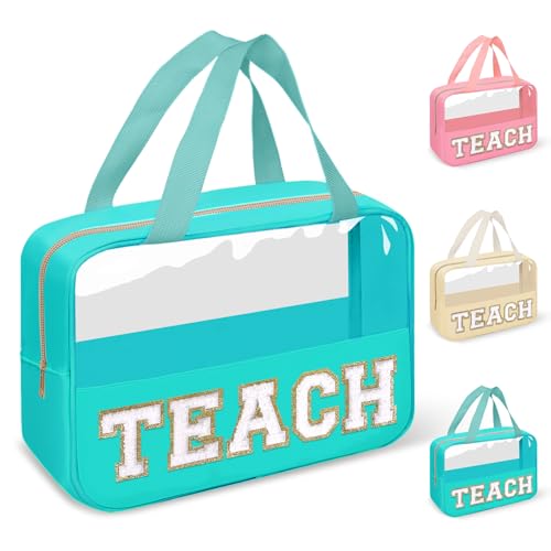 Teacher Appreciation Gifts Chenille Letter Clear Makeup Bag TEACH Pouch, Preppy Waterpoof Makeup Cosmetic Bag with Zipper Graduation Retirement Birthday Teacher Essentials Gifts for Women(TEACH-Green) - color: TEACH-Green