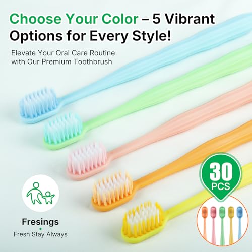 30-Pack Premium Bulk Disposable Toothbrushes, Individually Wrapped, Soft Bristles, Peanut Grip Handle for Travel, Guest Bathroom, Hotel & Emergency Kits, Family, Kids & Adults, Single Use - size: 1 Count (Pack of 30)