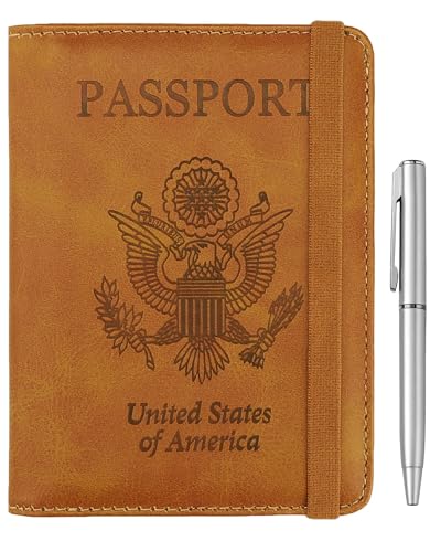 WALNEW Passport Holder for Travel, RFID Passport Cover Wallet for Women Men, PU Leather Passport Book Card Holder Case with Pen, Travelling Essentials for Flying - color: A-Brown, style: Elastic Band Closure