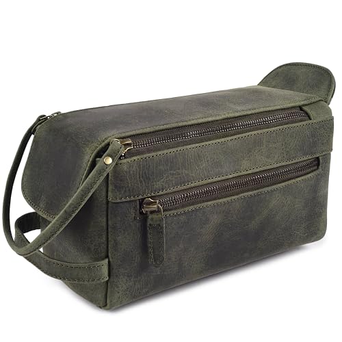 LEATHER VILLAGE Genuine Leather Travel Toiletry Bag - Water-Resistant Dopp Kit for Toiletries, Large Shaving Bag & Bathroom Organizer - Gift for Men & Women - Olive - color: Olive