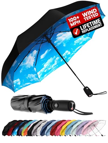 Repel Windproof Travel Umbrella - Compact & Withstands Winds up to 100MPH , Strongest Premium Auto Folding Umbrella for Rain and Sun - Durable, Light & Portable for Women & Men , Fits Backpack & Cars - color: Blue Sky - Travel Umbrella (1 Pack)