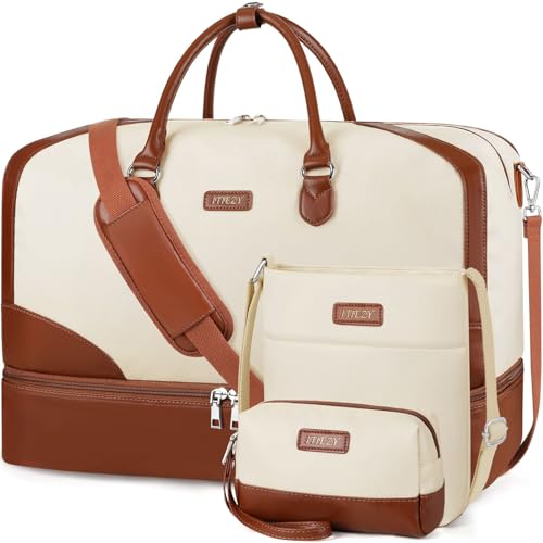 ITIEZY Weekender Overnight Bag for Women - Large Travel Duffel Bag with Shoe Compartment, Gym Duffel Bag Hospital Bag Carry On Tote Bags for Airplanes with Crossbody Bag Toiletry Bag 3Pcs Set - color: 9-Beige