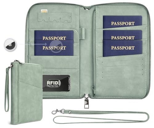 Family Passport Holder Wallet RFID Travel Document Organizer for Women Men, Portable Case Cover for Cards, Boarding Pass with Wrist & Neck Double Strap, Travel Gifts (Sage Green, 1pack) - color: Sage Green