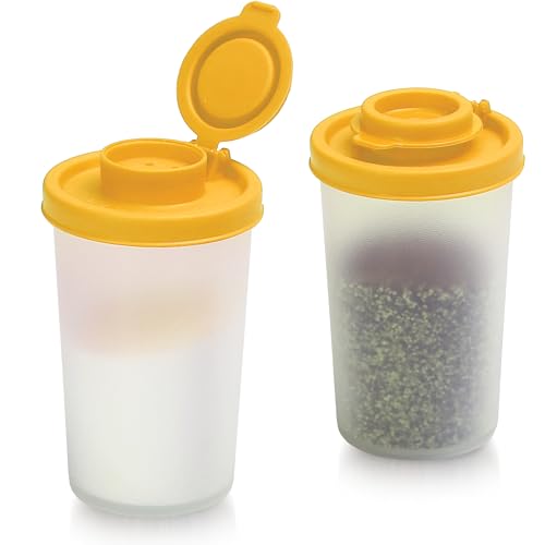 SIGNORAWARE Salt and Pepper Shakers Moisture Proof Set of 2 Large Salt Shaker to go Camping Picnic Outdoors Kitchen Lunch Boxes Travel Spice Set Clear with Yellow Lids Plastic Airtight Dispenser - color: Yellow
