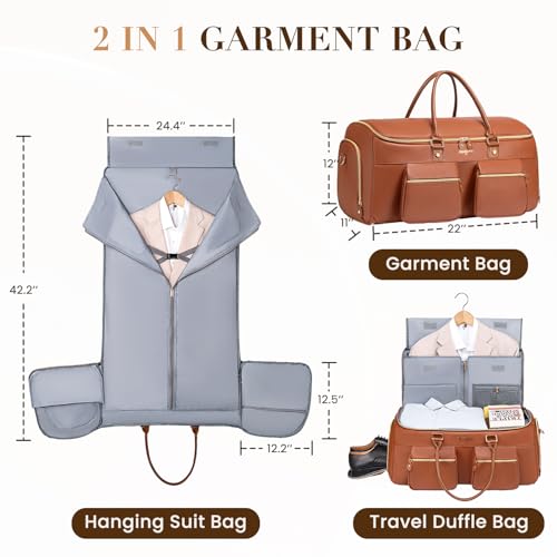 Suit Bag,Vessgra 56L Garment Bags for Travel,2 in 1 Leather Duffle Bags for Men Women, PU Leather Convertible Travel Bag with Shoe Compartment,Work Weekender Bussiness Wedding,Reddish Brown - color: Reddish Brown