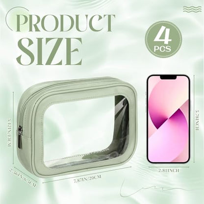 Abbylike 4 Pcs Green Clear Makeup Bag PU Leather Tsa Approved Toiletry Bag with Zipper Transparent Waterproof Portable Cosmetic Bags Travel Car Clear Organizer Bags for Women Girls Mother's Day - color: Green