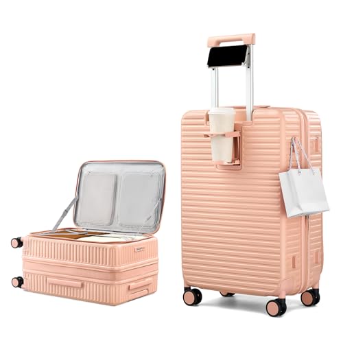 HanTrip Hard Shell Suitcases 24 Inch Check in Luggage with Spinner Wheels Cup Holder, Lightweight Top Opening Expandable Luggage Hard Case Rolling Medium Checked Suitcase with Lock, Pink - color: Pink, size: Expandable 24 Inch