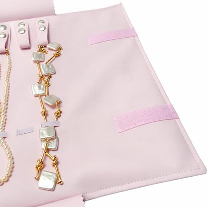 UnionPlus Travel Jewelry Roll, Faux Leather Necklaces Organizer Bag, Elastic Band and Anti-winding, Petal Pink - color: Leather Petal Pink, size: Medium