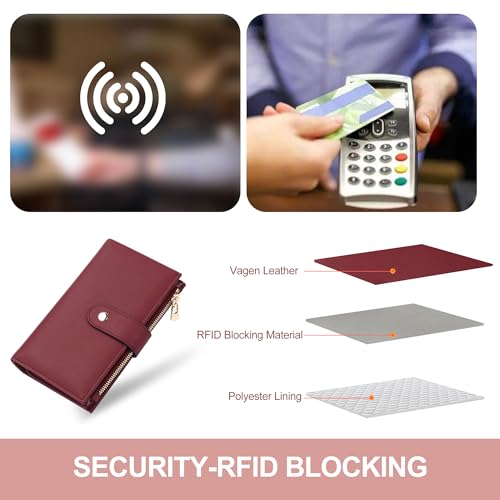 yiijay Womens Wallet RFID Blocking Leather Trifold Clutch Wallet Credit Card Holder Ladies Travel Wallet Purse with Pen Holder - color: 1Wine Red